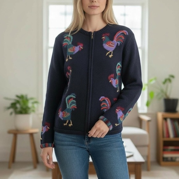 Vintage Sweaters - Vintage cotton knit cardigan sweater chickens roosters embroidered country chic